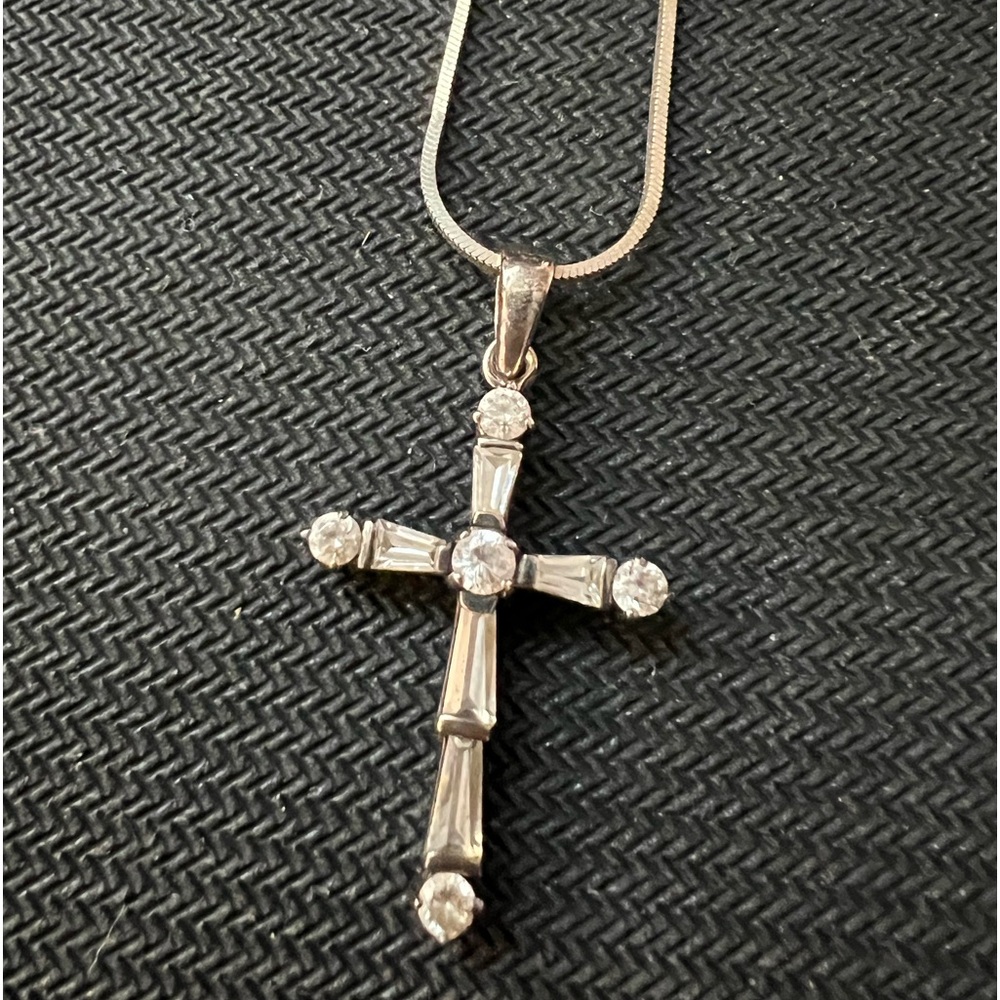 Sterling Silver round & baguette cz cross pendent necklace